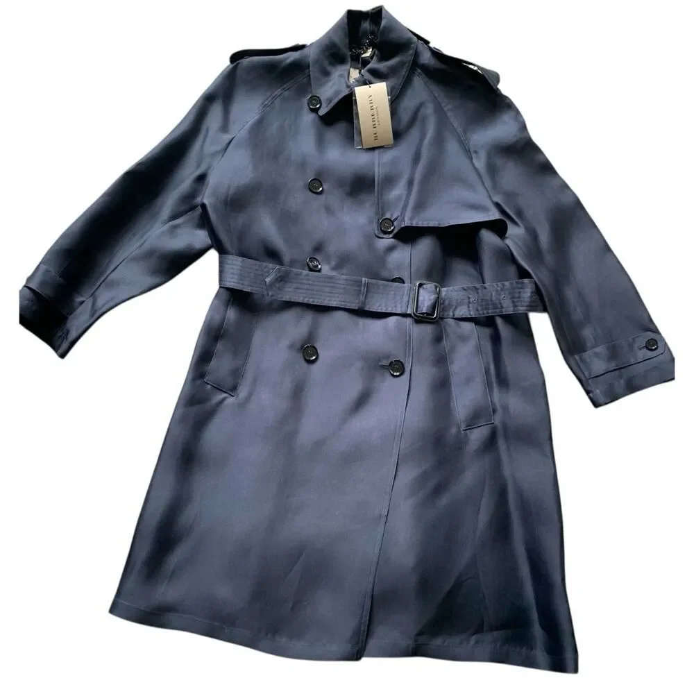 NEW NWT BURBERRY SILK Midnight Blue Trench Coat Jacket sz US 10 $3350 - Picture 3 of 14